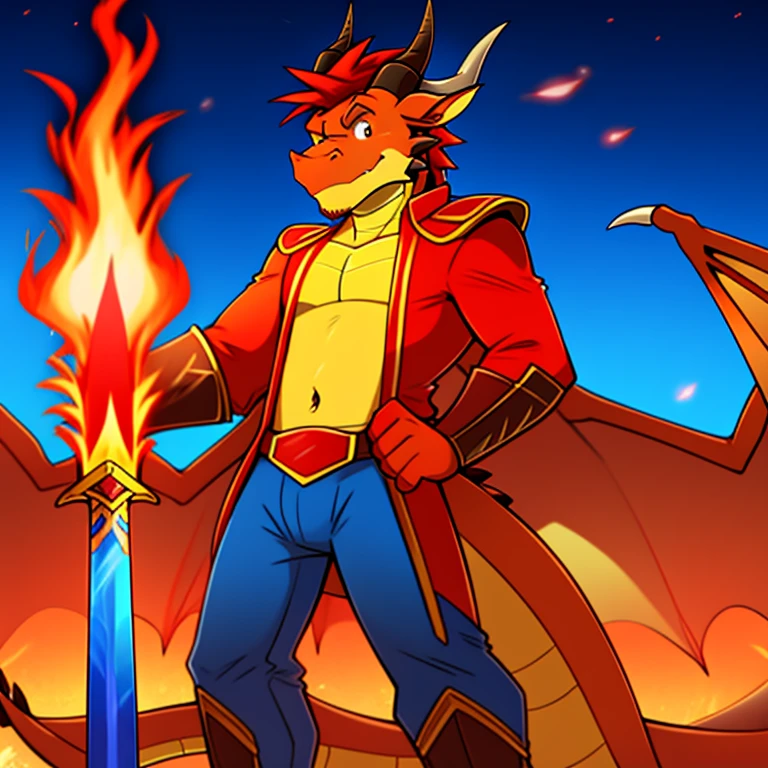 A cartoon picture of a handsome tall male Furry yellow Western Dragon with a white muzzle, horns, dragon nose with red hair, red wings and a long tail in a red coat army costume and blue pants named James holding his long fire sword, navel