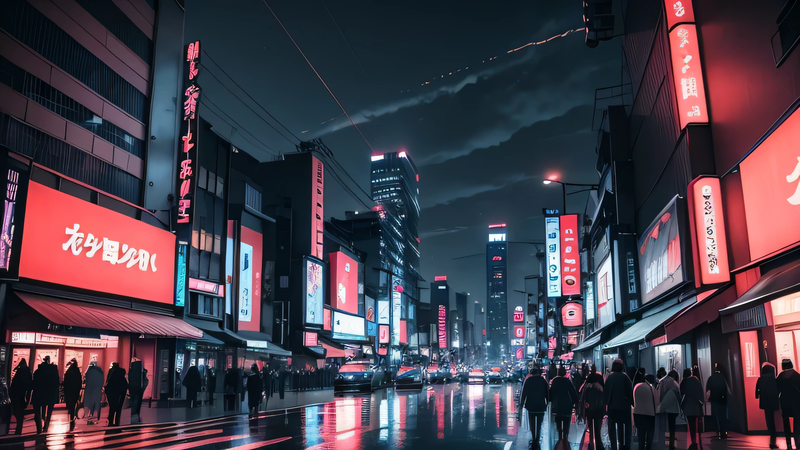Anime-style background of Tokyo cityscape at night, The scene captures the vibrant energy of Tokyo with its towering skyscrapers adorned with neon signs and billboards, Streets are bustling with people and cars, reflecting the city's lively atmosphere, Traditional Japanese elements like a torii gate or cherry blossoms in the foreground add a touch of cultural authenticity, The sky is dark with scattered clouds, and the city's lights create a beautiful contrast, illuminating the scene, The overall mood should be dynamic and slightly futuristic, with a blend of modern urban life and traditional Japanese charm