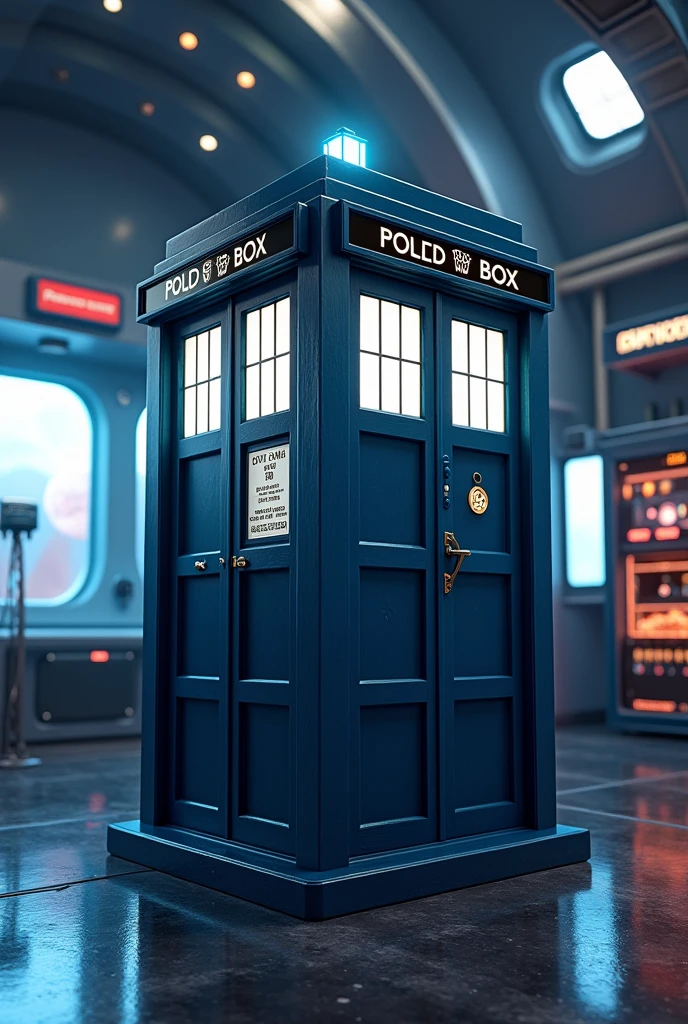 There is a phone booth with planets in the background, rendered in keyshot, location is inside os tardis, TROM style, futuristic tardis, represented as a 3D rendering, 3D rendering beep, portal in space, police box, written TEDOMA, promotional rendering, sci-fi magic highly detailed, not beeple style, sci-fi vending machine,