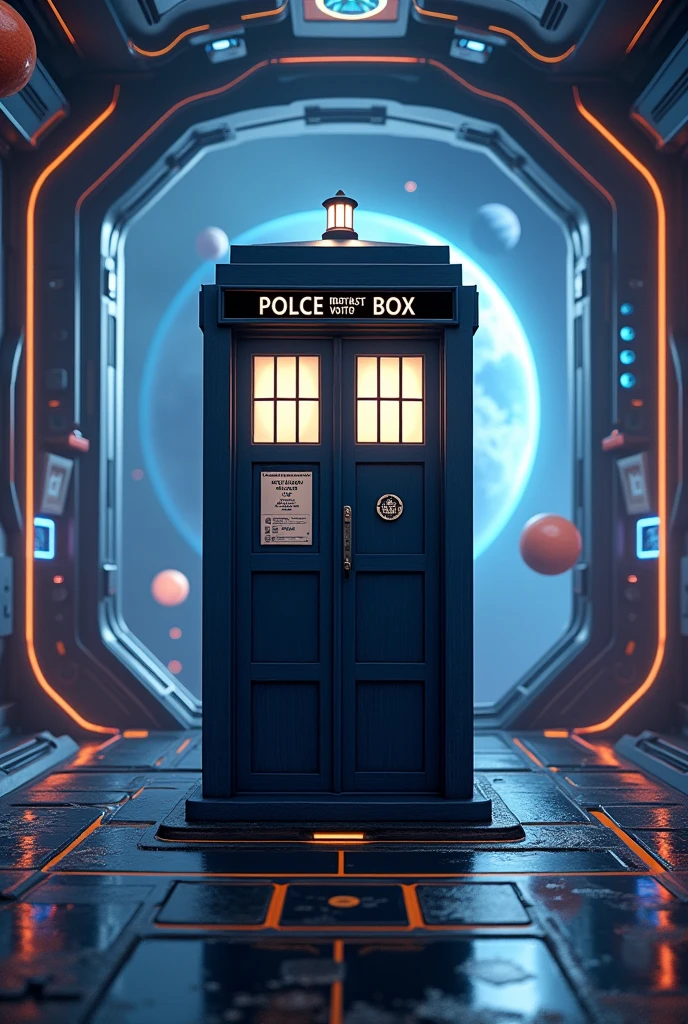 There is a phone booth with planets in the background, rendered in keyshot, location is inside os tardis, TROM style, futuristic tardis, represented as a 3D rendering, 3D rendering beep, portal in space, police box, written TEDOMA, promotional rendering, sci-fi magic highly detailed, not beeple style, sci-fi vending machine,