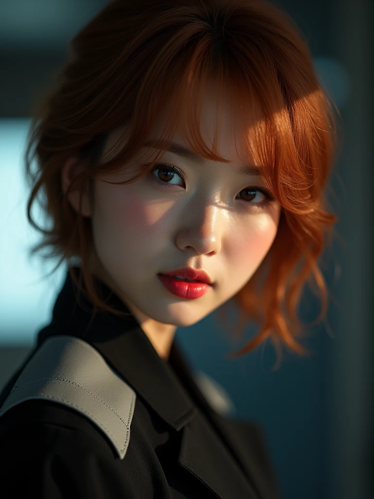 (Model shooting style), (shy), Lonely, Shiny Hair、 Extremely rich facial detail, Beautiful Eyes, [Chubby], cute, Slightly red cheeks，bright, Lonely Eyes, Stunning beauty, (Rembrandt Lighting), ARRI Lenses, Surreal, (Skin with attention to detail:1.2),8k,ARRI ALEXA 35,White Promist, Dramatic Rim Light, high quality,Very delicate and beautiful, wonderful, In detail, masterpiece, Very detailed, High resolution,Best Shot, Best Shadow,Complex,Sharp focus, high quality, alone.cute,Beautiful body、Flexible muscles、Beautiful ass、Lens flare,Beautiful breasts,Cool eyes,Glossy Lips,smile,Glowing Skin,Cinematography, Portrait Photography, 

Earth Federation Forces。Lieutenant Matilda。Short reddish-brown hair。Black and gray two-tone uniform。Dark Eyes。Red Rouge。
sexly。Slender。
Military ship 、Command Room。
Beauty。Beautiful breasts。Is saluting。In the left hand is the evaluation file.。
masterpiece、Highest quality、8k、uhd、High definition、Fine skin quality。Realistic、
From the waist up