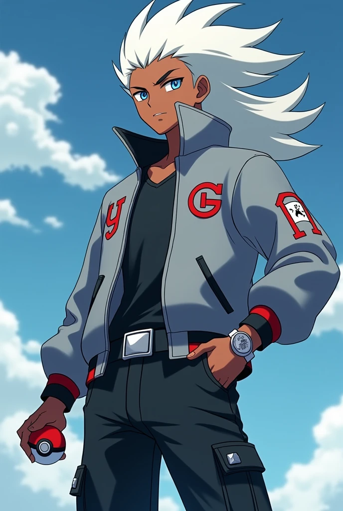 anime style pokemon trainer. Ghost-type Gym Leader .dark skin tone, long white hair with a modern mullet cut, gray NBA jacket, black cargo pants. photo by full body, holding a pokeball.
