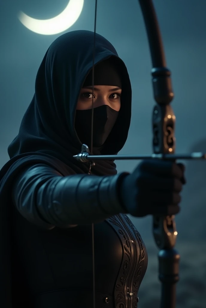 Close-up A hyper-realistic image of a woman wearing like a ninja with hijab on her head and niqabis covered her nose and mouth,  shooting an arrow. It's dark at night. The ninja is aiming the arrow at the moon.