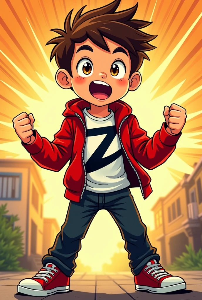 Comics style, solo, full body, young boy, brown spiky hair, brown eyes, excited expression, red jacket open, white T-shirt with black 'Z' on it, black pants, red sneakers, clenched fists, confident pose, facing forward, cartoon style, vibrant colors, thick lines