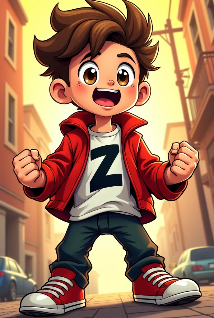 Comics style, solo, full body, young boy, brown spiky hair, brown eyes, excited expression, red jacket open, white T-shirt with black 'Z' on it, black pants, red sneakers, clenched fists, confident pose, facing forward, cartoon style, vibrant colors, thick lines