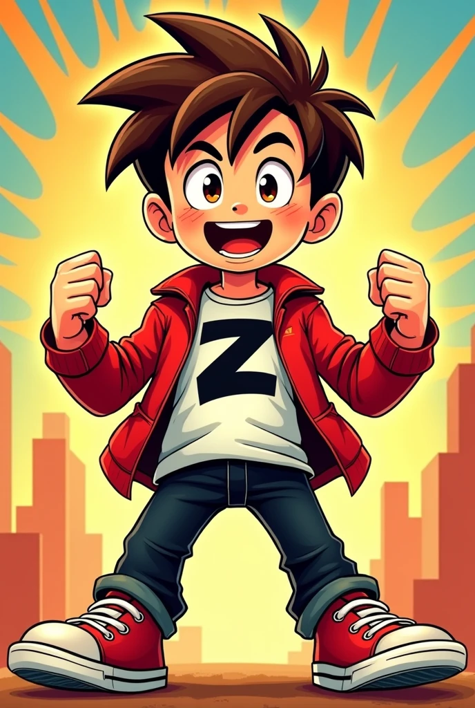 Comics style, solo, full body, young boy, brown spiky hair, brown eyes, excited expression, red jacket open, white T-shirt with black 'Z' on it, black pants, red sneakers, clenched fists, confident pose, facing forward, cartoon style, vibrant colors, thick lines