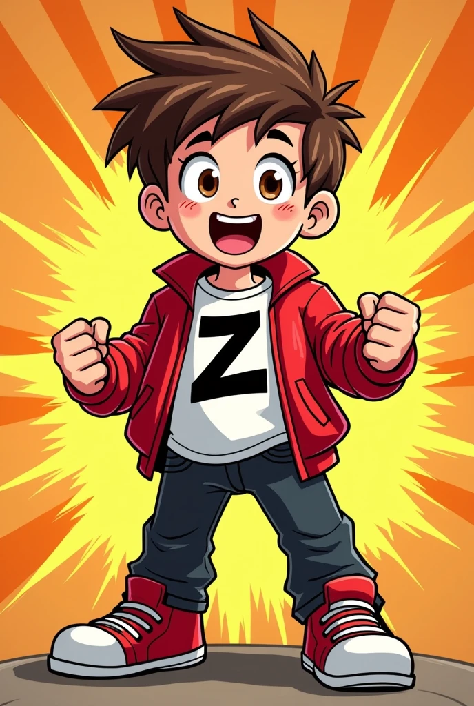 Comics style, solo, full body, young boy, brown spiky hair, brown eyes, excited expression, red jacket open, white T-shirt with black 'Z' on it, black pants, red sneakers, clenched fists, confident pose, facing forward, cartoon style, vibrant colors, thick lines
