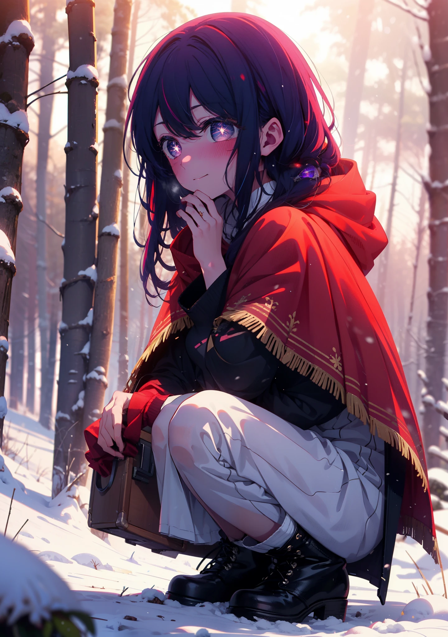 aihoshino, Ai Hoshino, Long Hair, bangs, (Purple eyes:1.1), Purple Hair, (Symbol-shaped pupil:1.5), smile,,smile,blush,white breath,
Open your mouth,snow,Ground bonfire, Outdoor, boots, snowing, From the side, wood, suitcase, Cape, Blurred, , forest, White handbag, nature, Squat, Mouth closed, Cape, winter, Written boundary depth, Black shoes, red Cape break looking at viewer, Upper Body, whole body, break Outdoor, forest, nature, break (masterpiece:1.2), Highest quality, High resolution, unity 8k wallpaper, (shape:0.8), (Beautiful and beautiful eyes:1.6), Highly detailed face, Perfect lighting, Extremely detailed CG, (Perfect hands, Perfect Anatomy),