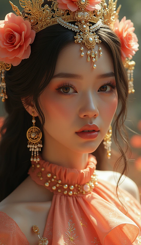 A beautiful womans face with glamorous pointed opulence sensational outfit goddess phenominal real flower in finest detailed real epic goddess beautyful woman in filligri beautiful realistic ornate diva in noble full in picture in realistic in beautiful glasspunk in tropical in/HD/cinematic/full of hyper detailes/Unreal Engine dynamic lighting all full in picture mario nevad/guo pei, Broken Glass effect, no background, stunning, something that even doesn't exist, mythical being, energy, molecular, textures, iridescent and luminescent scales, breathtaking beauty, pure perfection, divine presence, unforgettable, impressive, breathtaking beauty, Volumetric light, auras, rays, vivid colors reflects