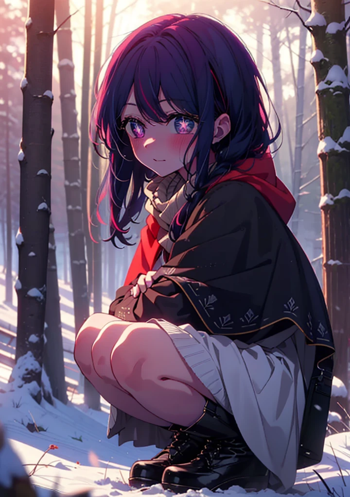 aihoshino, Ai Hoshino, Long Hair, bangs, (Purple eyes:1.1), Purple Hair, (Symbol-shaped pupil:1.5), smile,,smile,blush,white breath,
Open your mouth,snow,Ground bonfire, Outdoor, boots, snowing, From the side, wood, suitcase, Cape, Blurred, , forest, White handbag, nature, Squat, Mouth closed, Cape, winter, Written boundary depth, Black shoes, red Cape break looking at viewer, Upper Body, whole body, break Outdoor, forest, nature, break (masterpiece:1.2), Highest quality, High resolution, unity 8k wallpaper, (shape:0.8), (Beautiful and beautiful eyes:1.6), Highly detailed face, Perfect lighting, Extremely detailed CG, (Perfect hands, Perfect Anatomy),