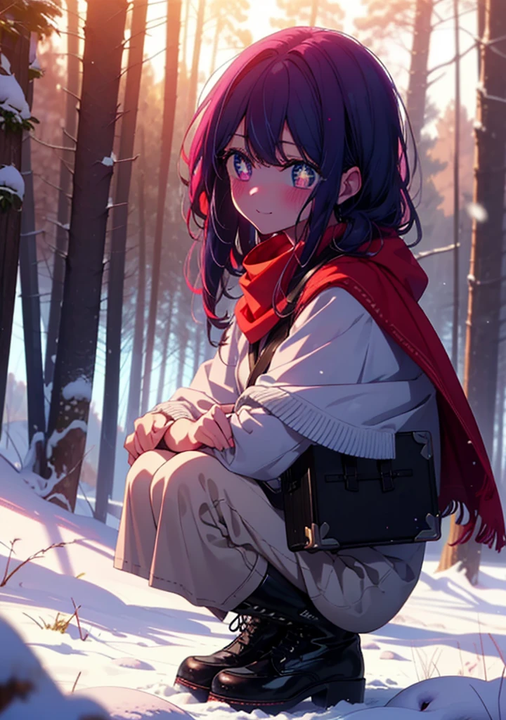 aihoshino, Ai Hoshino, Long Hair, bangs, (Purple eyes:1.1), Purple Hair, (Symbol-shaped pupil:1.5), smile,,smile,blush,white breath,
Open your mouth,snow,Ground bonfire, Outdoor, boots, snowing, From the side, wood, suitcase, Cape, Blurred, , forest, White handbag, nature,  Squat, Mouth closed, Cape, winter, Written boundary depth, Black shoes, red Cape break looking at viewer, Upper Body, whole body, break Outdoor, forest, nature, break (masterpiece:1.2), Highest quality, High resolution, unity 8k wallpaper, (shape:0.8), (Beautiful and beautiful eyes:1.6), Highly detailed face, Perfect lighting, Extremely detailed CG, (Perfect hands, Perfect Anatomy),