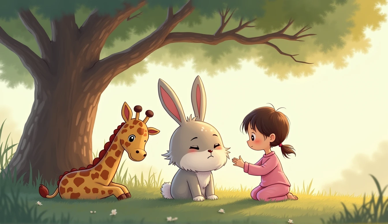 A sad cartoon bunny sits under a tree, A plush giraffe toy and a small cartoon girl in pink pajamas are looking at him.