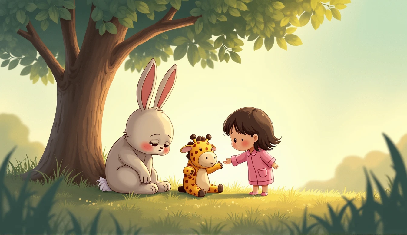 A sad cartoon bunny sits under a tree, A plush giraffe toy and a small cartoon girl in pink pajamas are looking at him.