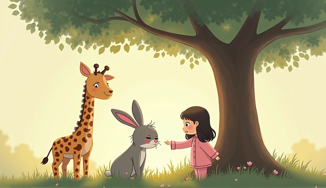 A sad cartoon bunny sits under a tree, A plush giraffe toy and a small cartoon girl in pink pajamas are looking at him.