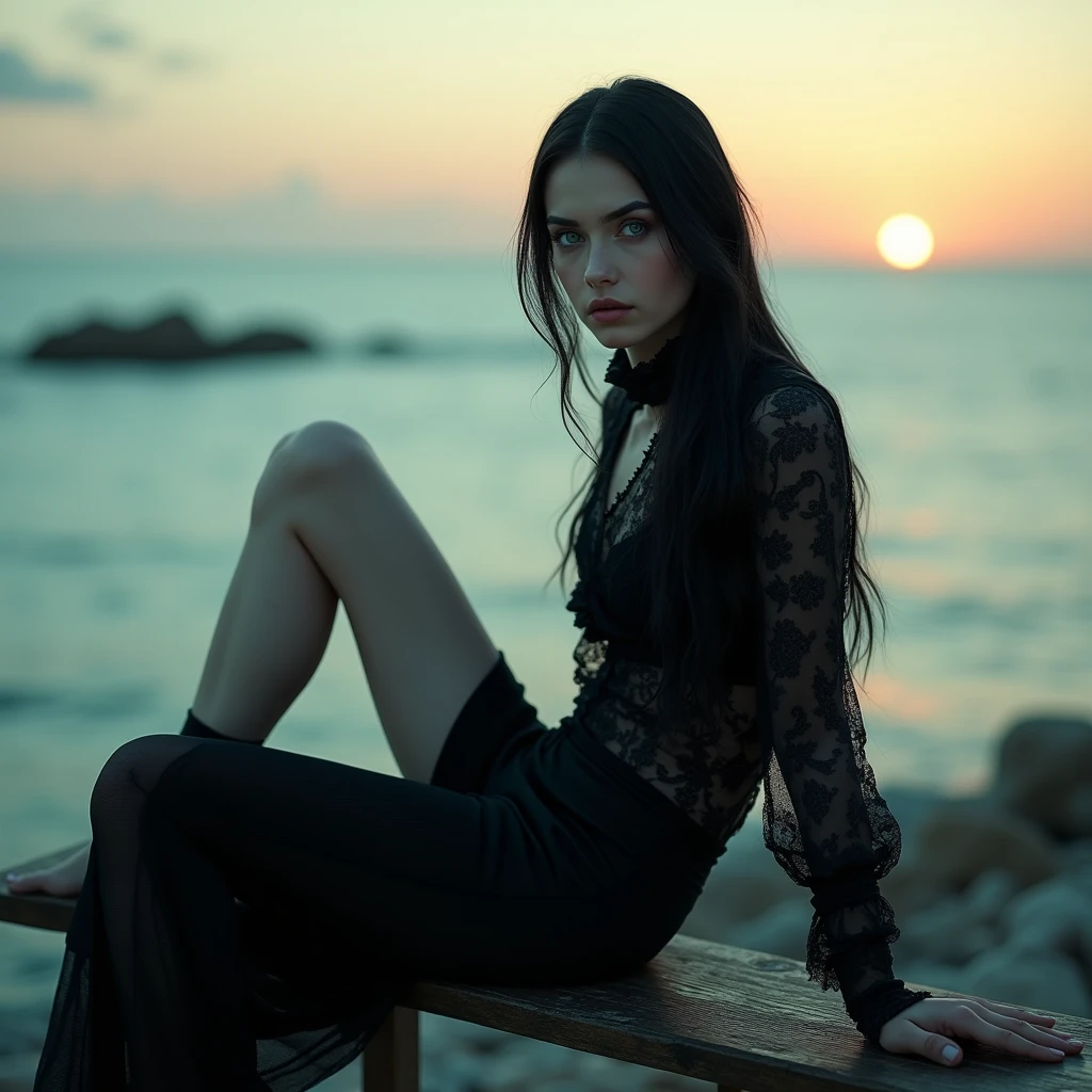 A sexy young male with long black hair and teal blue eyes, jis facial features delicate and pretty. His skin is white and pale. He's wearing gothic clothes, he has long, thick wnd shiny legs. He's sitting on a bench and watching the sunset while looking at the sea. (No facial or body hair) (young, pretty boy) (make it realistic) (8k)