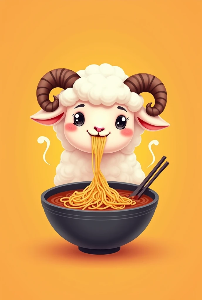 Floating head logo of a lamb eating ramen, looking to the side, With horns, winking, on an orange background