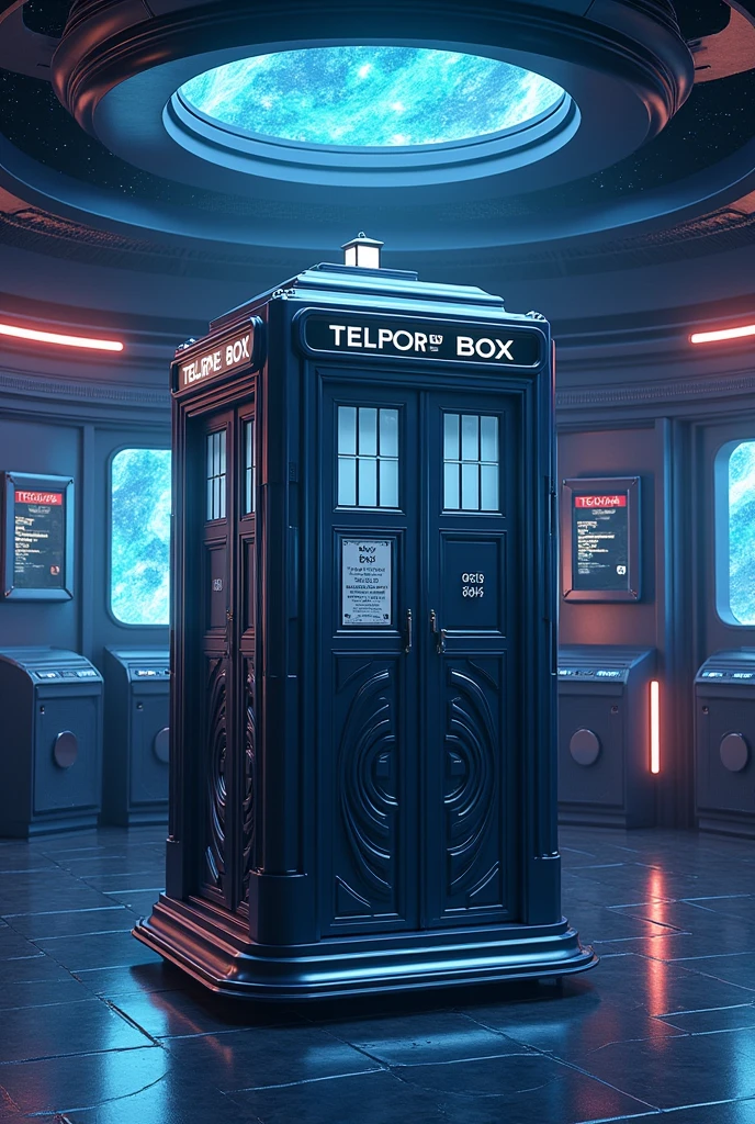 Há uma cabine telefônica no space com planetas ao fundo, rendered in keyshot, location is inside, police station, futuristic cabins, represented as a 3D rendering, 3D rendering beep, space, police box, written TEDOMA, promotional rendering, sci-fi magic highly detailed
