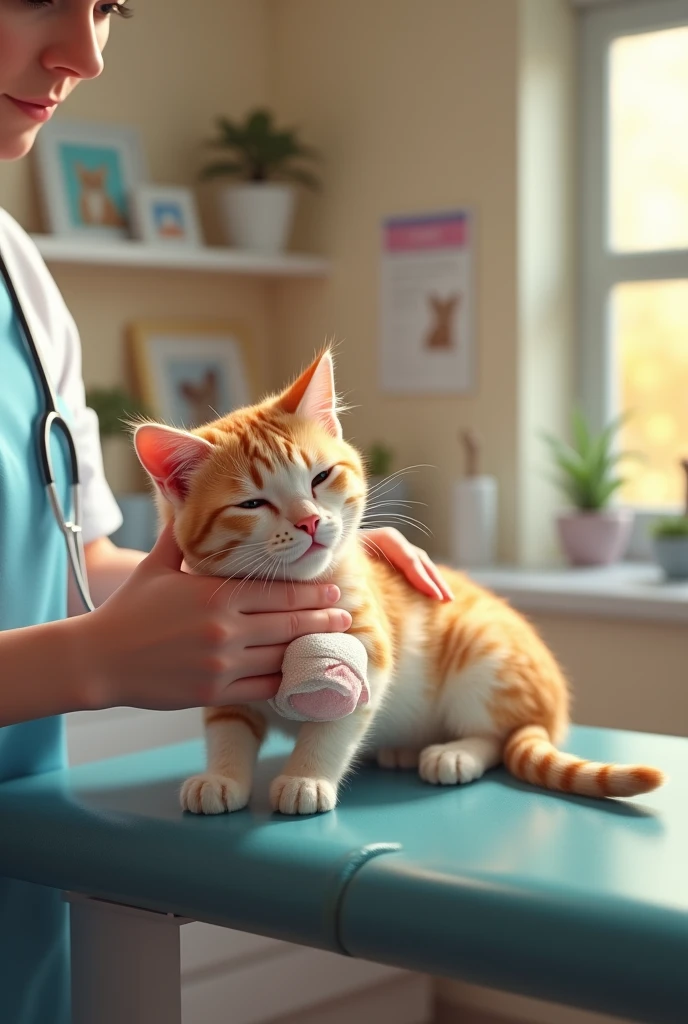 The cat is gently lifted by a caring veterinarian and placed on the examination table. Its paw is now wrapped in a clean bandage, and the wounds on its body have been treated. The background is a bright treatment room, with warm pet pictures on the walls, creating a peaceful and soothing atmosphere.