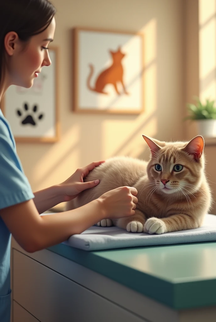 The cat is gently lifted by a caring veterinarian and placed on the examination table. Its paw is now wrapped in a clean bandage, and the wounds on its body have been treated. The background is a bright treatment room, with warm pet pictures on the walls, creating a peaceful and soothing atmosphere.