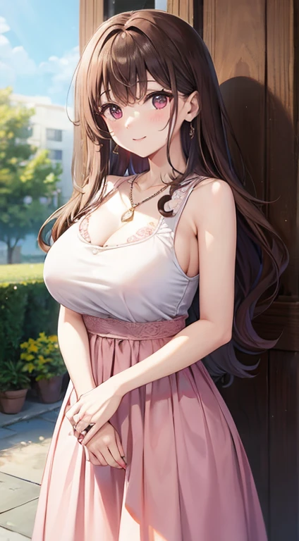 Highest quality、Droopy eyes、Light brown hair、((Wavy curly long hair))、Down Bangs、(Clothed Big Tits)、((Tall with broad shoulders))、Sleeveless blouse、(((Pink Nails)))、smile、Sexy lips、high school girl、Earrings、necklace、ring、Long skirt