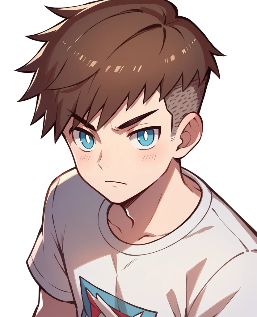 Human Male 20 anos, Brown ,pixie cut Side Hair Style  , blue pupils , white t-shirt 