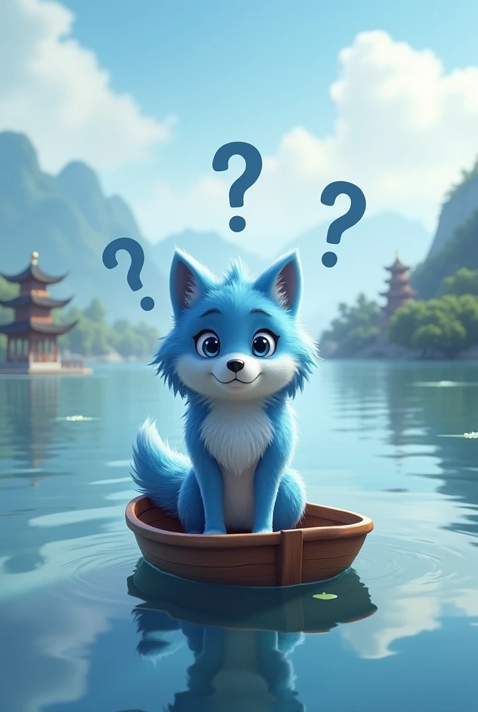 A blue wild wolf,Realistic and cute,Facial expression puzzled,Standing wolf,Riding a boat,Drifting on the lake,Lovely wind,Question marks fill the wolf's head,Lost direction,Chinese style in the background