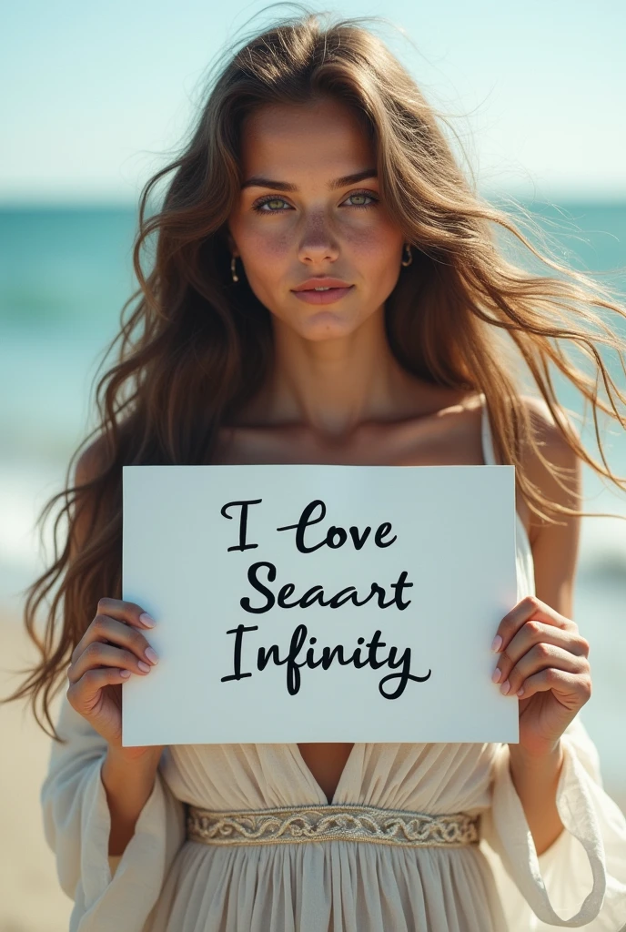 Beautiful girl with wavy long hair, bohemian dress, holding a white board with text "I Love Seaart Infinity" and showing it to the viewer