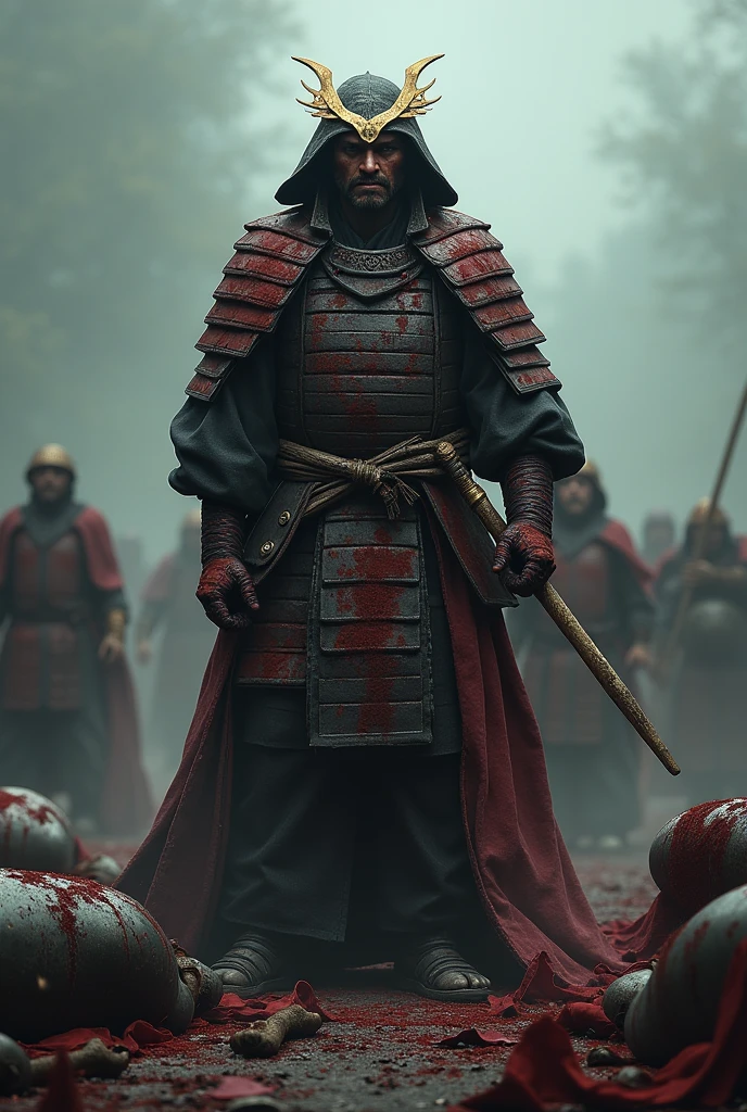 Arcana Drourenger from Dota 2 in a samurai costume. a bloody face , an empty look filled with pain and indifference against the background of dead samurai