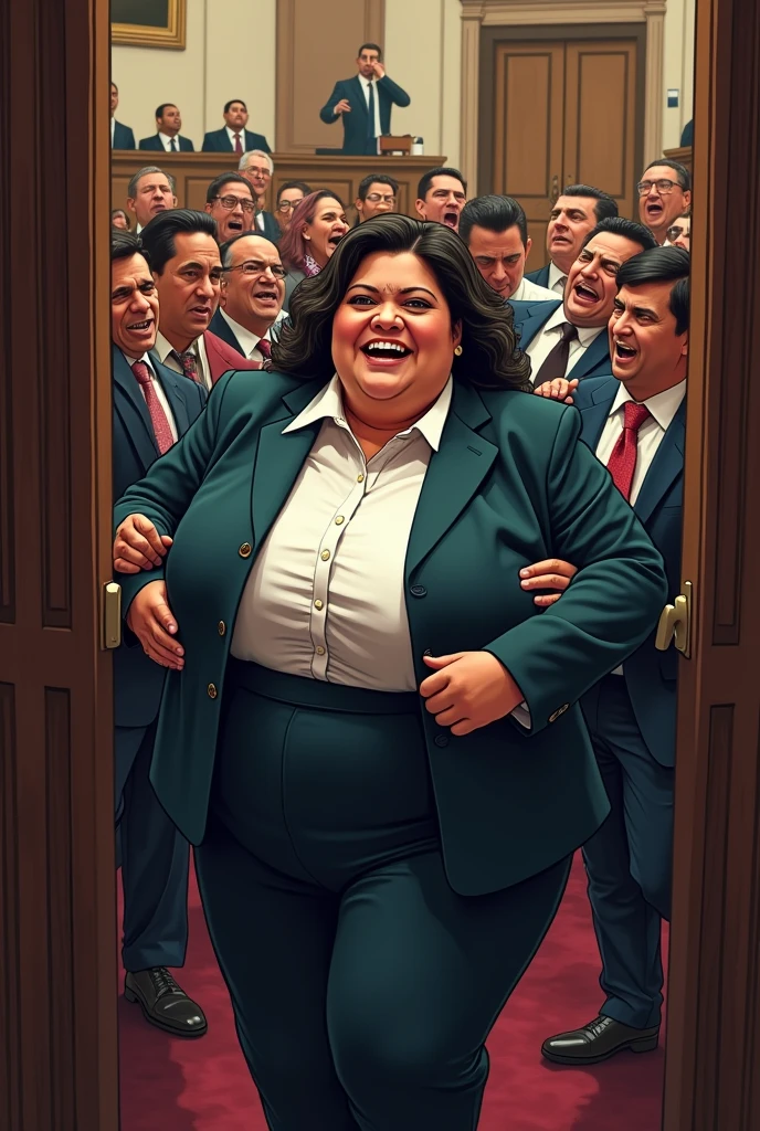 The people of GUAtemALA are angry and pushing out an obese woman in formal clothes., removing her from the Guatemalan Congress