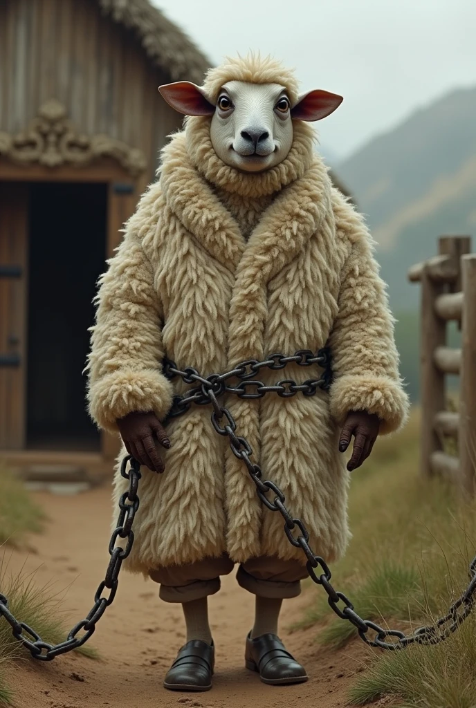 A fo lool like a sheep beacuse he wearing sheepskin is chained outside a shepherd's house.