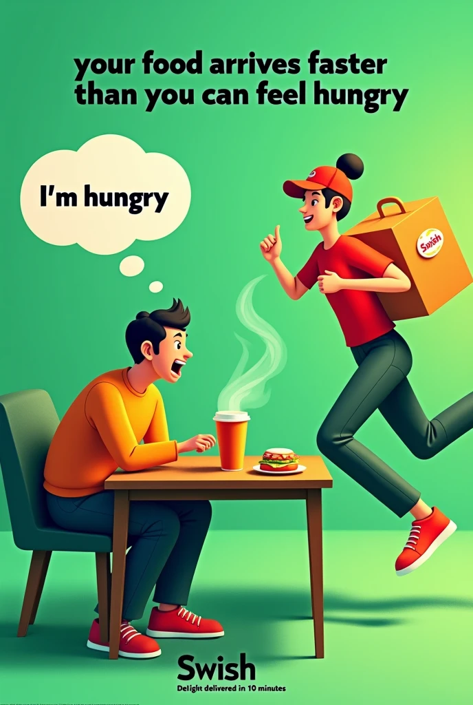 "your food arrives faster than you can feel hungry" This text should be prominently displayed at the top of the image.

"Swish: Delight delivered in 10 minutes" This text should be prominently displayed at the bottom of the image.



A hungry person sitting at a table, eyes closed, mouth watering, and saying "I'm hungry." In the background, a Swish delivery person is sprinting towards the person with a steaming food delivery bag. The person opens their eyes just as the delivery person arrives, revealing the food inside the bag.

Additional details:

Use vibrant, dynamic colors.
Keep the ad minimal.
Create a sense of urgency and excitement.
The thoughts of the man should be prominently displayed.."I am Hung.."
The theme of the ad should be green
