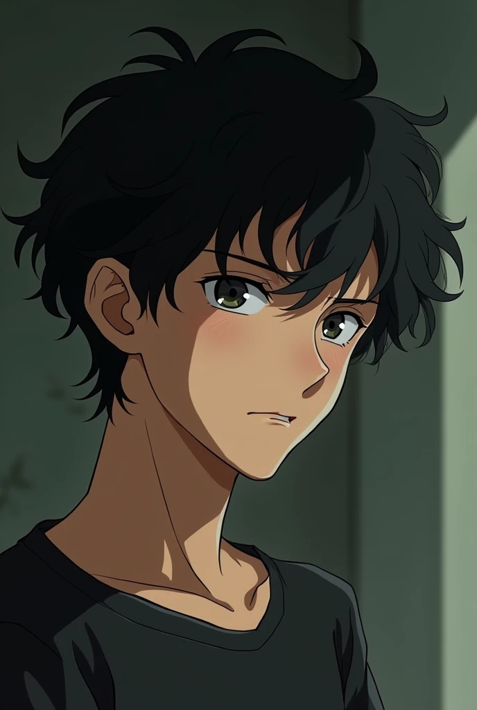 man, Curly black hair, about one inch long, reaching past the ears, Honey-colored skin, Anime style like Evangelion, Introvert, Dark circles under the eyes, Still face, composed