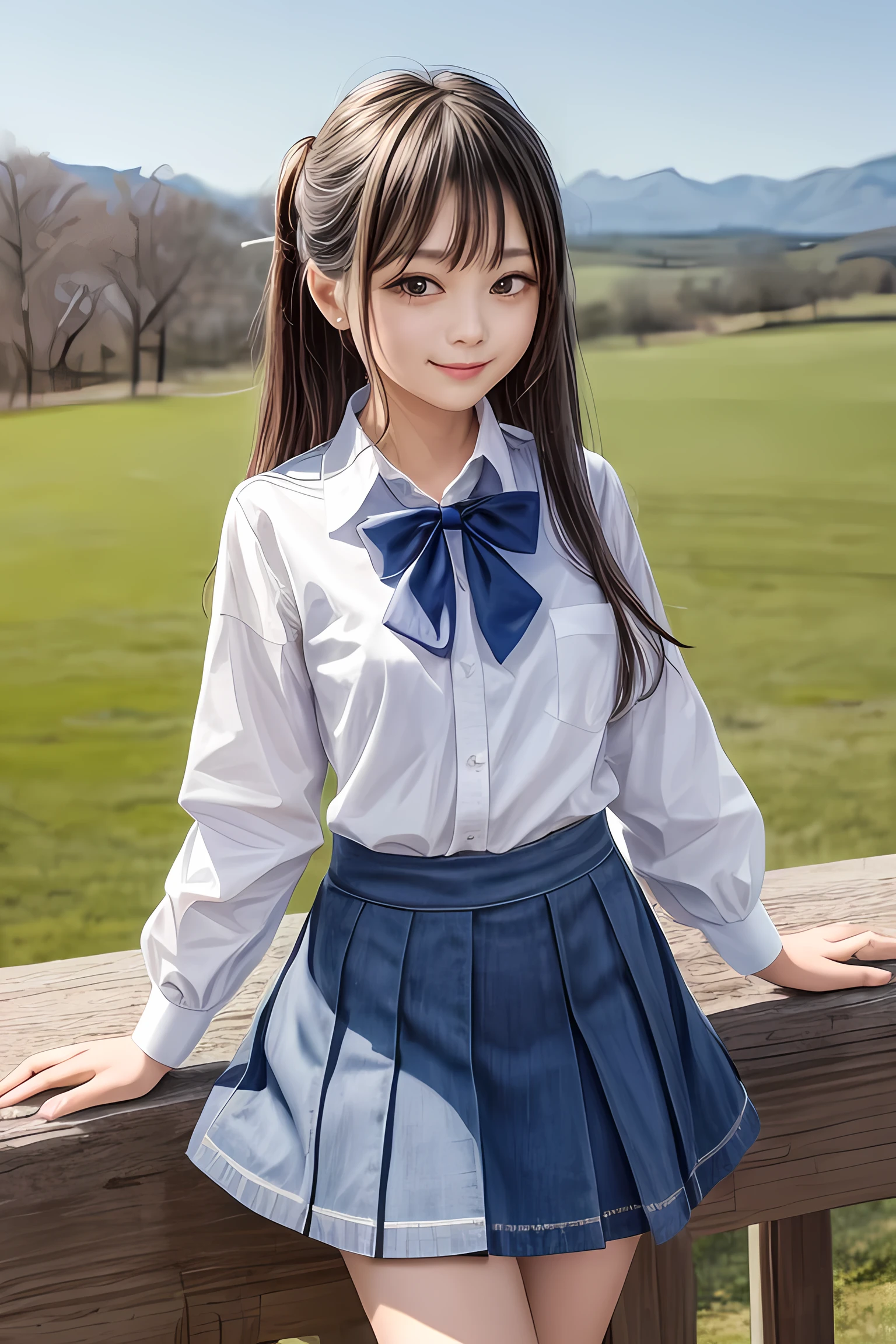 (masterpiece, Highest quality:1.2), Cowboy Shot, alone, One person, Nene Kasaki々, smile, View your viewers, put your hands in your hair, school uniform, Seraphim, skirt