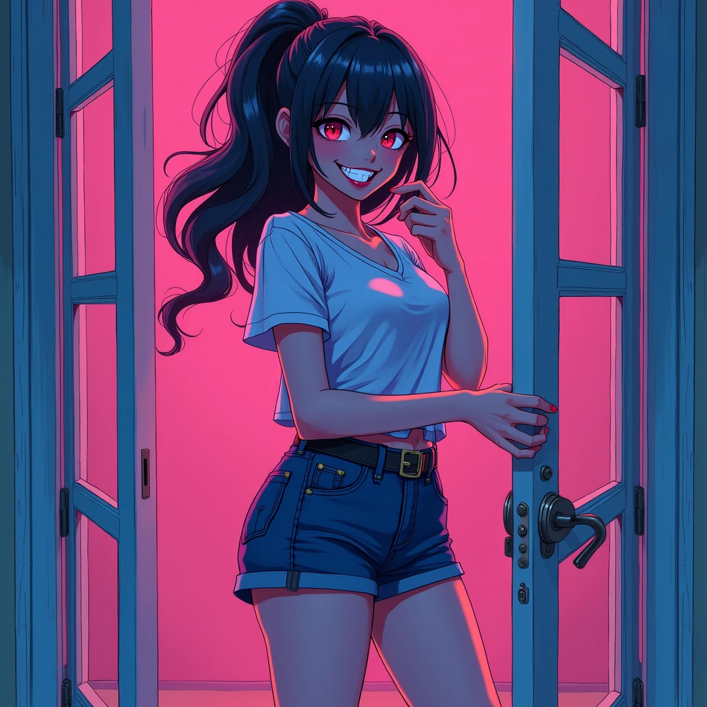 ,создай картинку full body shot, in neon colors, anime style, the girl should be in full growth, the girl should not be looking at the camera, the girl should have a crazy smile, The girl should be full-length., The girl should stand with the door ajar.