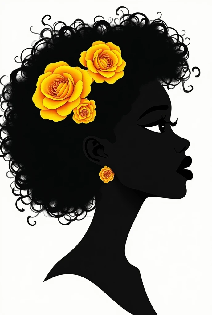 silhouette abstract drawing of a black woman's face in profile, looking serious forward with her curly hair and yellow roses in her hair on her face and the background being totally transparent