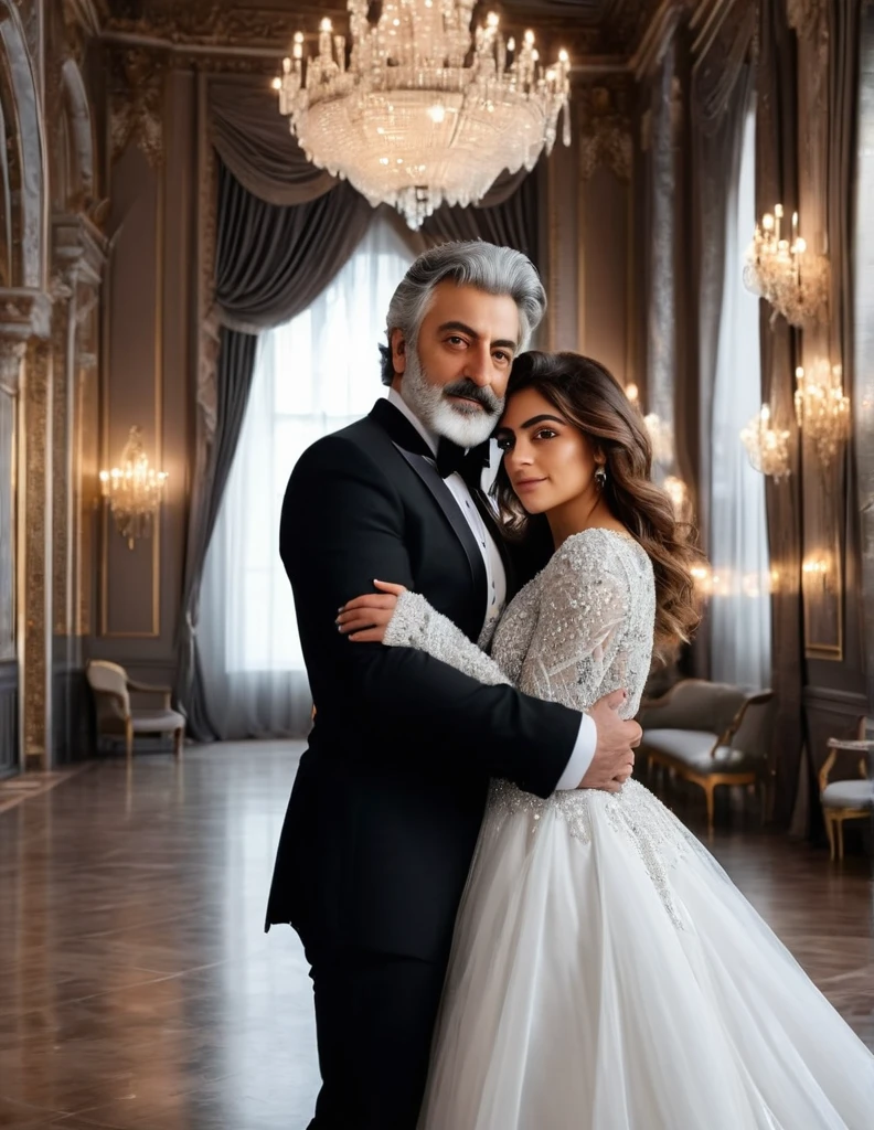(fullbody photo:2.0) of father and daughter embracing in a ballroom: (a 25-year-old iranian woman, brown skin, triangular shaped face, brown eyes, long wavy hair, dark brown hair, busty, wearing a white winter wedding dress, long sleeves), embracing (a burly 65-year-old iranian man, brown skin,square shaped face, short full beard, brown eyes, short hair, grey hair, burly body, wearing a black elegant suit), in a ballroom of an enchanted castle, winter, (8k, photorealistic, RAW photo, best quality:1.4),
