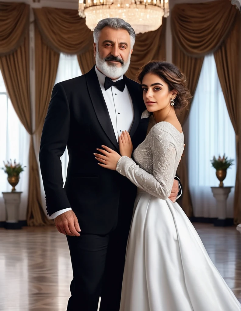 (fullbody photo:2.0) of father and daughter embracing in a ballroom: (a 25-year-old iranian woman, brown skin, triangular shaped face, brown eyes, long wavy hair, dark brown hair, busty, wearing a white winter wedding dress, long sleeves), embracing (a burly 65-year-old iranian man, brown skin,square shaped face, short full beard, brown eyes, short hair, grey hair, burly body, wearing a black elegant suit), in a ballroom of an enchanted castle, winter, (8k, photorealistic, RAW photo, best quality:1.4),