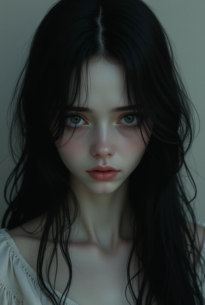 Female with black hair, sad eyes and white skin 