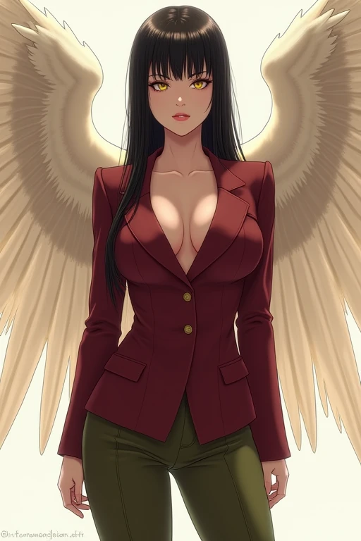 Anime Japanese woman in a suit, with yellow eyes, black hair, translucent ivory wings behind her, maroon clothing, olive green pants, large breasts, and long hair parted in the middle.