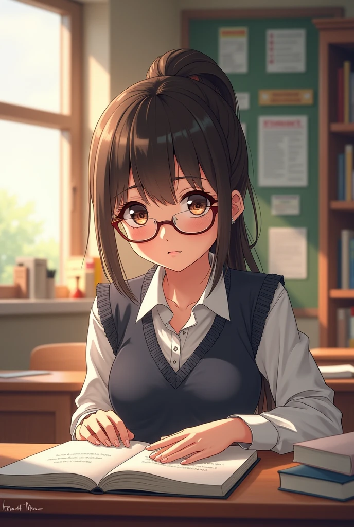 Nerdy girl inside the classroom with a hickey on her neck  
