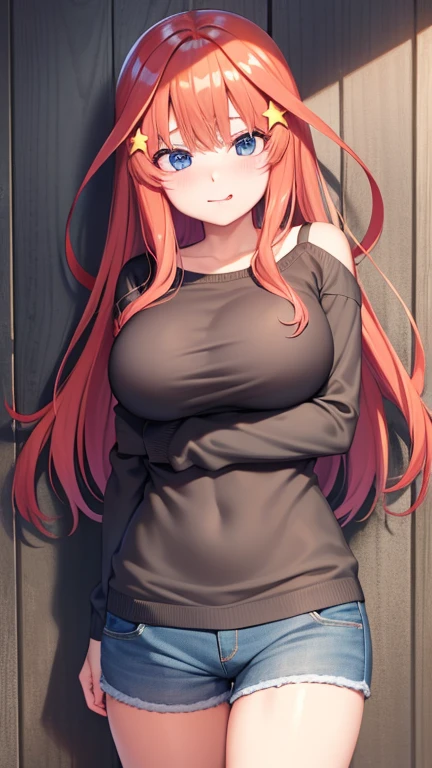 (girl wearing a sweater)、(Redhead)、青い目をしたanime、(Huge boobs), ((Loose knitted sweater:1.4)), (hot pants:1.2),魅力的なanime女の子nime女の子 coelo largo, 美しいanime女の子, かわいいme女の子, anime女のかわいいanime,のanime, 萌えanimeアートスタイル, かわいいのビジュアルanime, 肖像画のanime, anime, 魅惑的なanime, (anime), 若いanime、Yellow star hair ornament