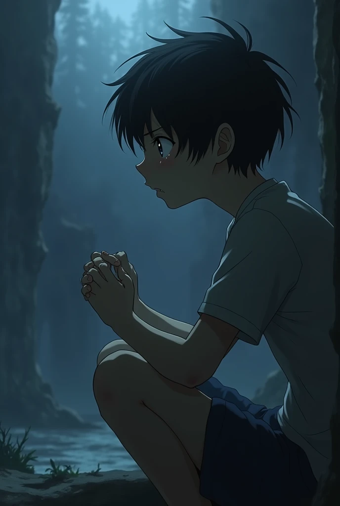 a anime boy with a very sadness emotion. face to right side and environment is dark and sad. the boy gonna kill himself and cry
