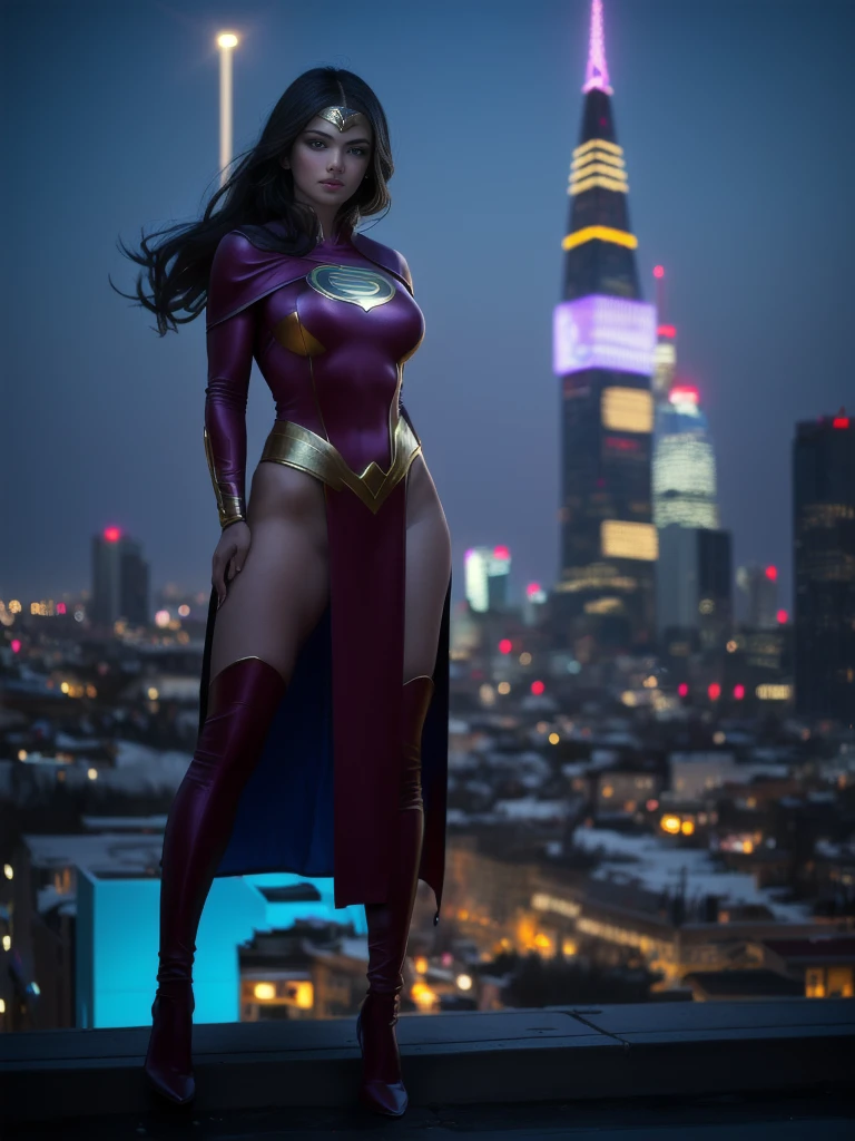 Two women in superhero costumes standing on a rooftop at night, Purple and white cloak, shrew, queen of ice and storm, Black and white tight robe!, Marvel and DC style, Trinity, full body white purple cloak, Dark blue and white robe, Full body photo of movie goddess, Hero pose colorful city lights, white and purple, spark, storm!