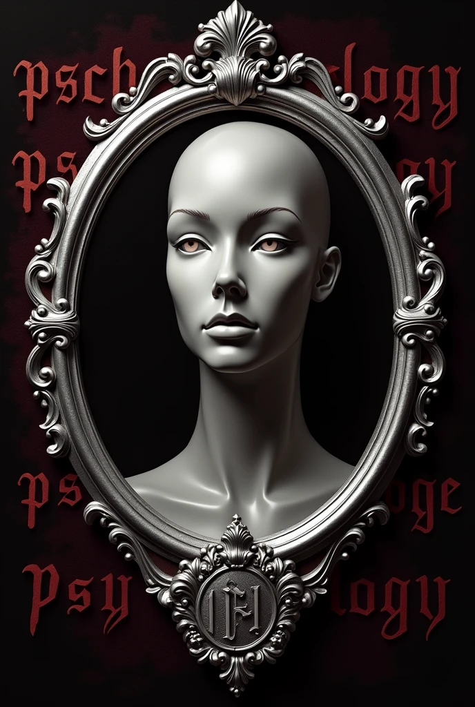 make a black t-shirt print with a rounded mirror in the rococo style in silver with the inside reflecting the face of a mannequin so that it almost fills the entire mirror and looking straight ahead . Behind this mirror the writing "psychology" filling the entire background with the letters in the Renaissance style in dark wine color. on the lower part and centered on the edge of the mirror should contain a coat of arms with the symbol: (Ψ) also in silver and wine