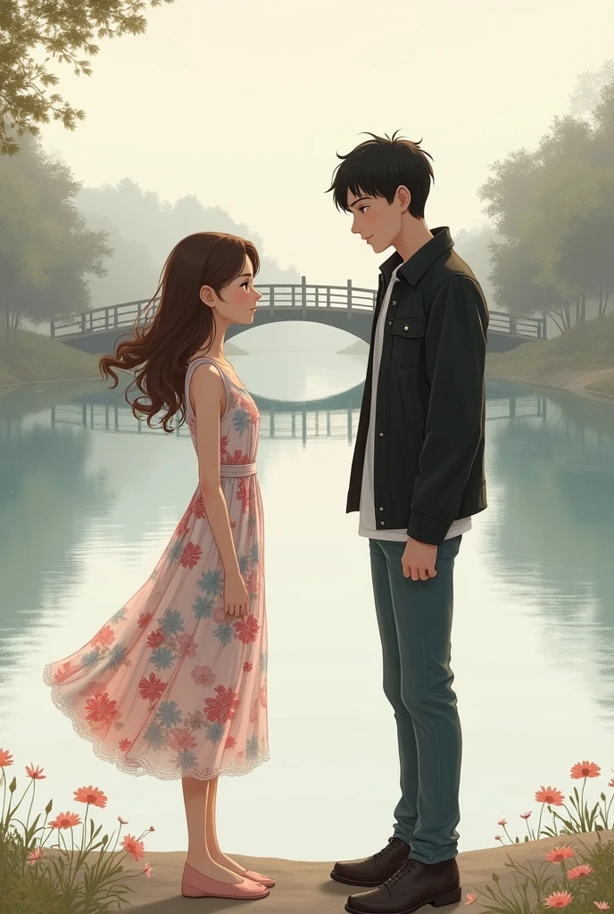Background of a lake with a bridge in neutral colors. Girl with a pink and light blue floral dress that reaches her knees, Chestnut hair, black eyes, pink lips facing a dark-haired boy, well-built, black eyes, with a black jacket, They stand face to face with tight-lipped smiles. 