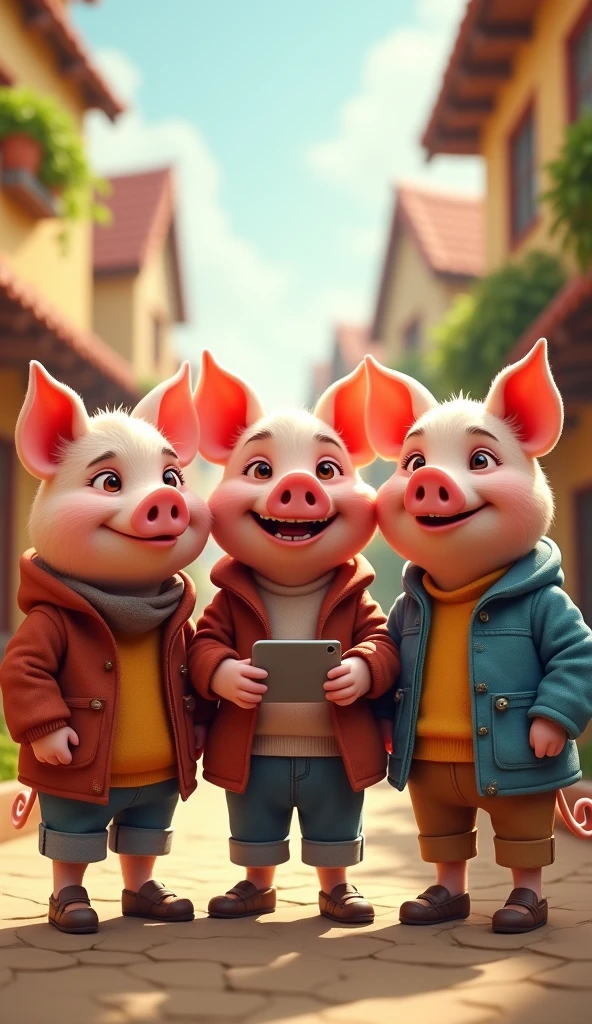 "One of the three little pigs, in a cartoon style and anthropomorphized as if he were speaking and intelligent, is TAKING A SELFIE. The AI generated image should be the selfie he is taking, with the other two pigs beside him, all smiling in a friendly way. They are in a cheerful and colorful scene, as if they were characters from a story , with animated expressions. The cell phone does not appear in the photo, but the perspective is as if it were the selfie that the first pig is capturing, with all of them in the center of the image."