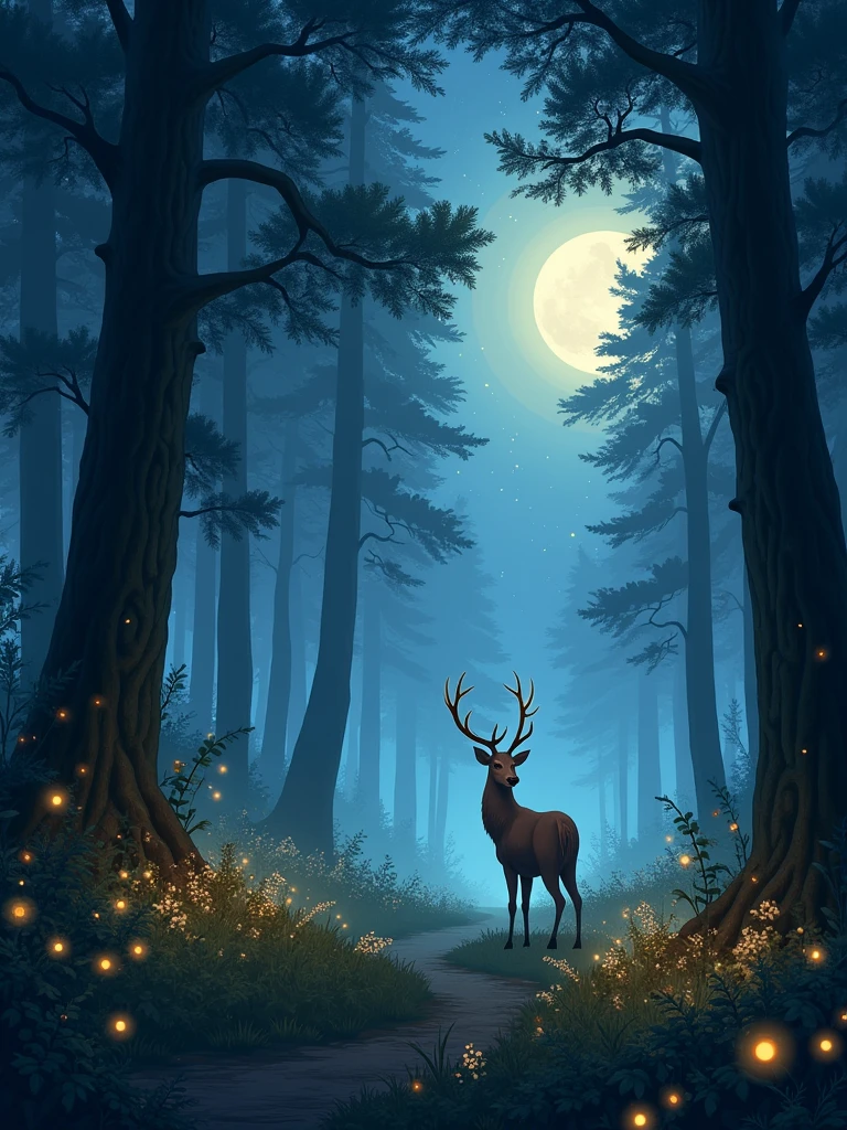An enchanted forest at dusk, with tall trees and glowing lights from fireflies lighting the way. In the distance, a majestic deer calmly watches, surrounded by an aura of tranquility. The sky is full of stars, and a full moon illuminates the scene, creating an atmosphere of peace and hope amid nature."