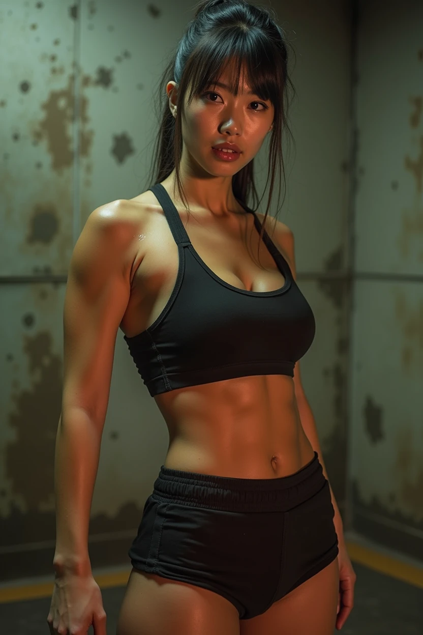 og film photo, photo of a street fighter, female, amber eyes, ponytail with shaggy bangs, tan complexion, Japanese ethnicity, beautiful face, natural beauty, sharp facial features, Amazonian stature, toned hourglass figure, muscular, bustom, fude hips, plump round buttocks, wearthletic top and spandex shorts, posing in an underground fight club, sweaty skin, damp clothes, RAW Photograph, dslr, soft lighting, high quality, film grain, Fujifilm XT3, detailed skin with visible pores, insane details, masterpiece, 8k, 35mm photograph, dslr, kodachrome, faded film, desaturated, grainy, vintage, Lomography, stained, highly detailed, found footage, full-body shot