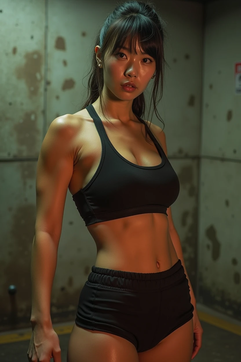 analog film photo, photo of a street fighter, female, amber eyes, ponytail with shaggy bangs, tan complexion, Japanese ethnicity, beautiful face, natural beauty, sharp facial features, Amazonian stature, toned hourglass figure, muscular, busty bosom, full wide hips, plump round buttocks, wearing an athletic top and spandex shorts, posing in an underground fight club, sweaty skin, damp clothes, RAW Photograph, dslr, soft lighting, high quality, film grain, Fujifilm XT3, detailed skin with visible pores, insane details, masterpiece, 8k, 35mm photograph, dslr, kodachrome, faded film, desaturated, grainy, vintage, Lomography, stained, highly detailed, found footage, full-body shot