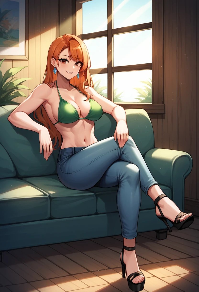 score_9, score_8_up, score_7_up, score_6_up, score_5_up, score_4_up, source_anime, 1girl, orange hair, solo, long hair, jewelry, brown eyes, smile, earrings, covered shoulders, (complex detailed background, inside, room environment, wooden walls, window, light rays), (cowboy shot), green bikini, jeans pants, black sandals, high heels, sofa, sit, crossed legs, best quality, best res, 4K UHD,